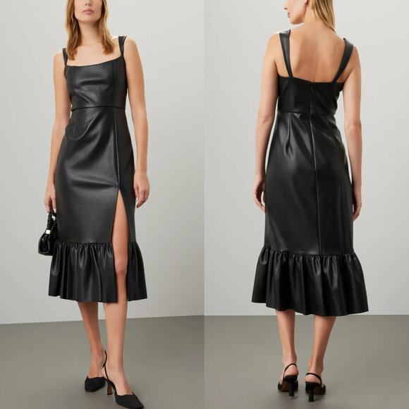 Sachin & Babi Laura Dress Faux Leather Sleeveless Ruffle Hem Midi Sheath Black 4 - Picture 1 of 6